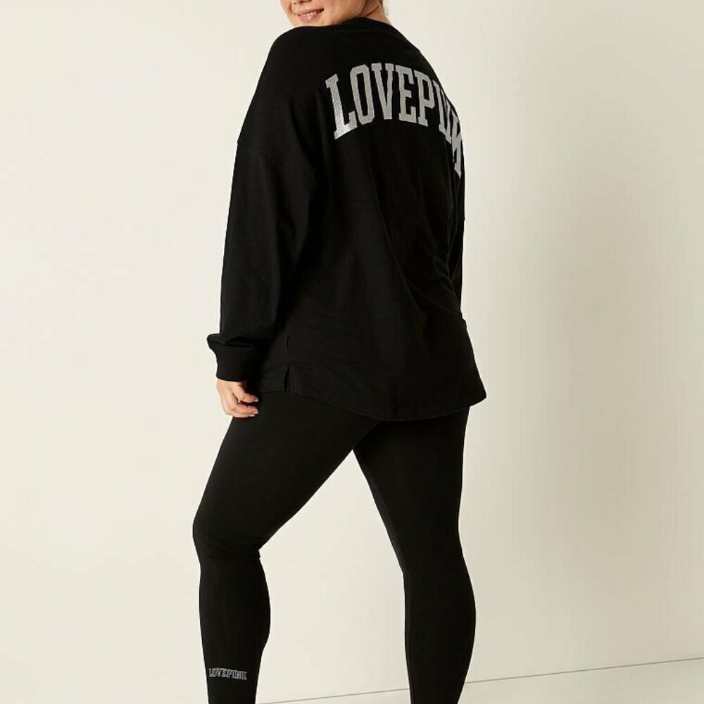 Victoria's Secret Love Pink Black bling varsity crew top & leggings set size S